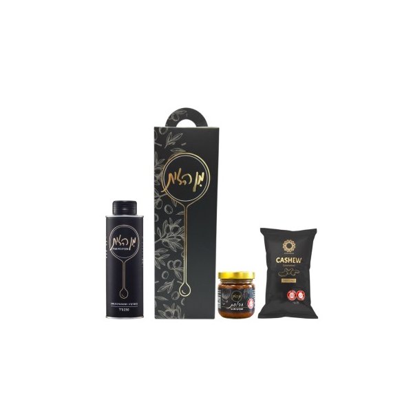 מארז מתנה מהודר הכולל שמן זית כתית מעולה מן הזית, חרוסת וקשיו מקורמל.